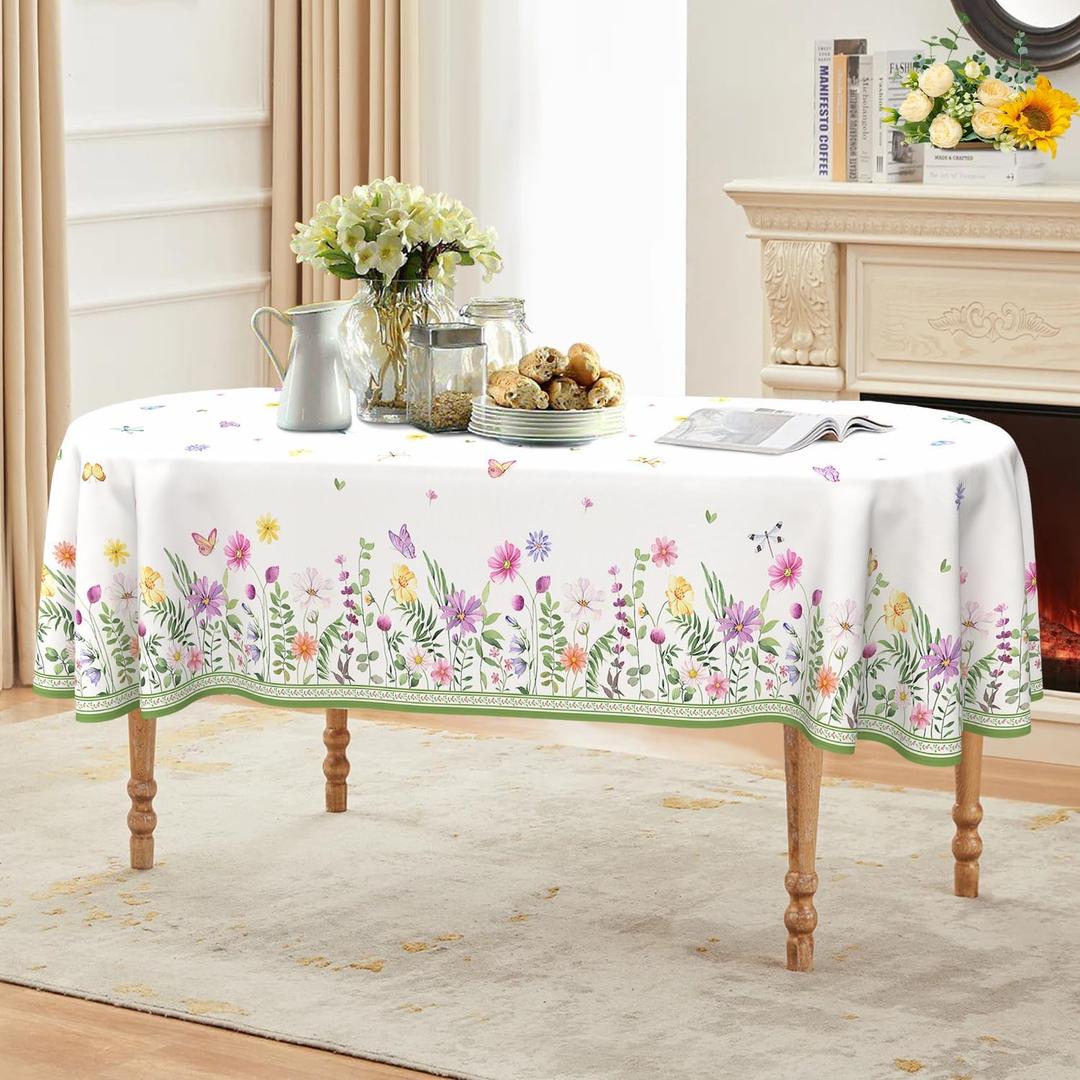 Spring Summer Flower Tablecloth Oval 52x70 Inch, Oval Floral Tablecloths Stain Resistant Wrinkle Free Wildflower Table Cloth Decor for Dinner Party Picnic