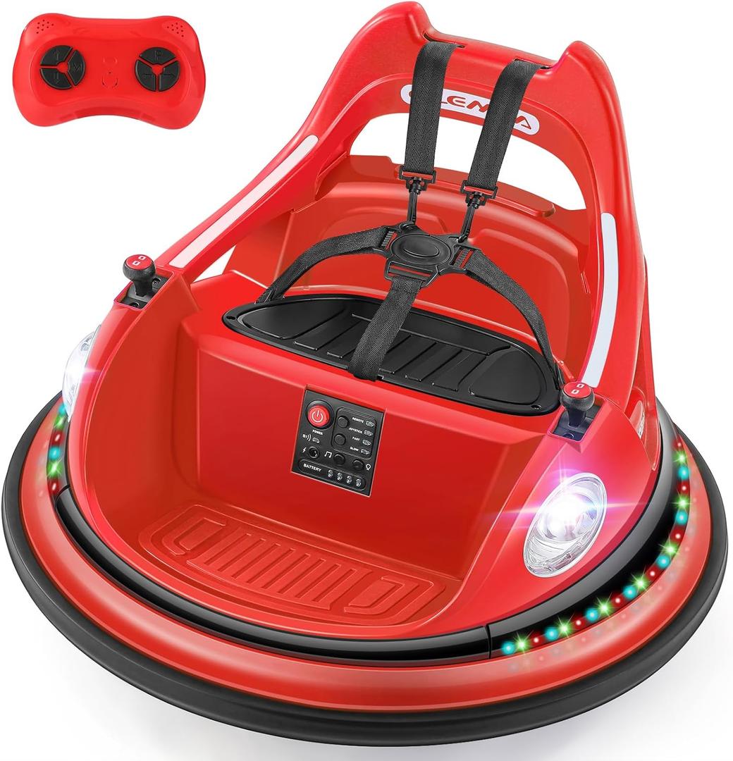 ELEMARA Kids Bumper Car, 1.9mph Max, 12V Electric Car for Toddlers, 360Spin Bumping Car with Music, 5 Lighting Mode, DIY Stickers, Ride on Car with Remote Control, 2-Speed, 2 Driving Mode, Red