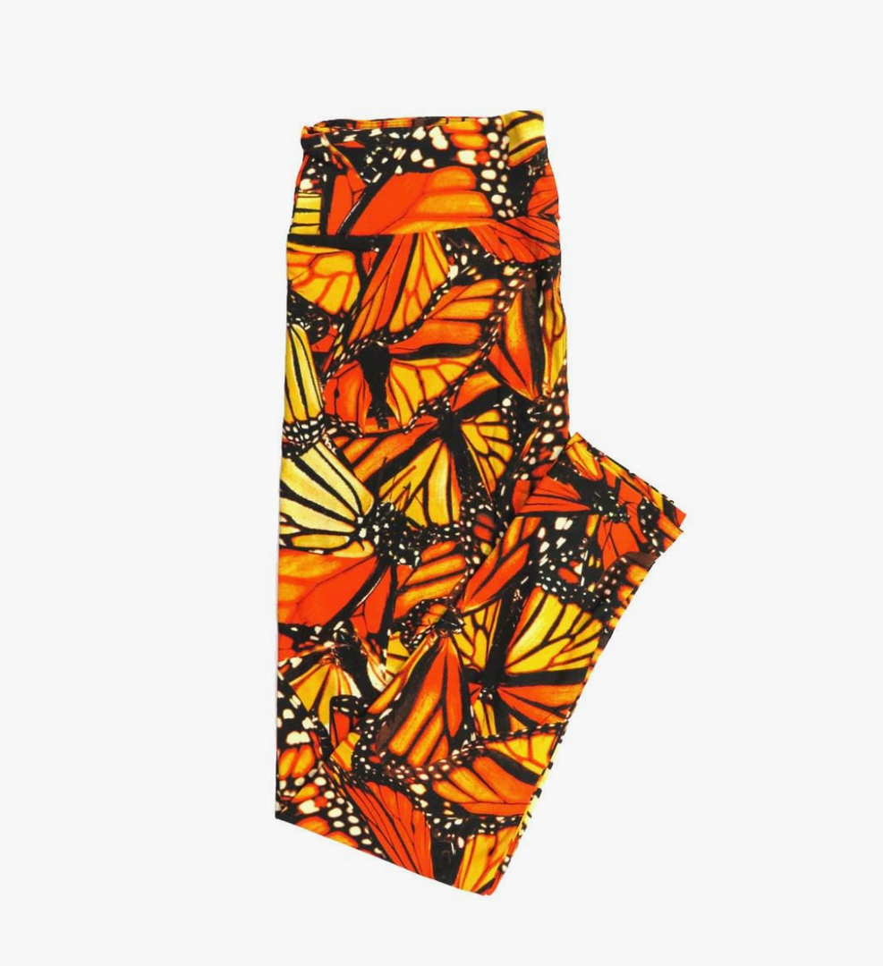 Lularoe Tall Curvy (TC fits Sizes 12-18) Monarch Butterfly Black Orange Red Yellow Buttery Soft Adult Leggings, Pack Of 3
