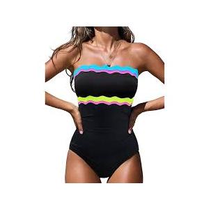 popvil Strapless Tummy Control One Piece Swimsuits for Women 2026 Neon Bandeau Bathing Suits, Pink, Large
