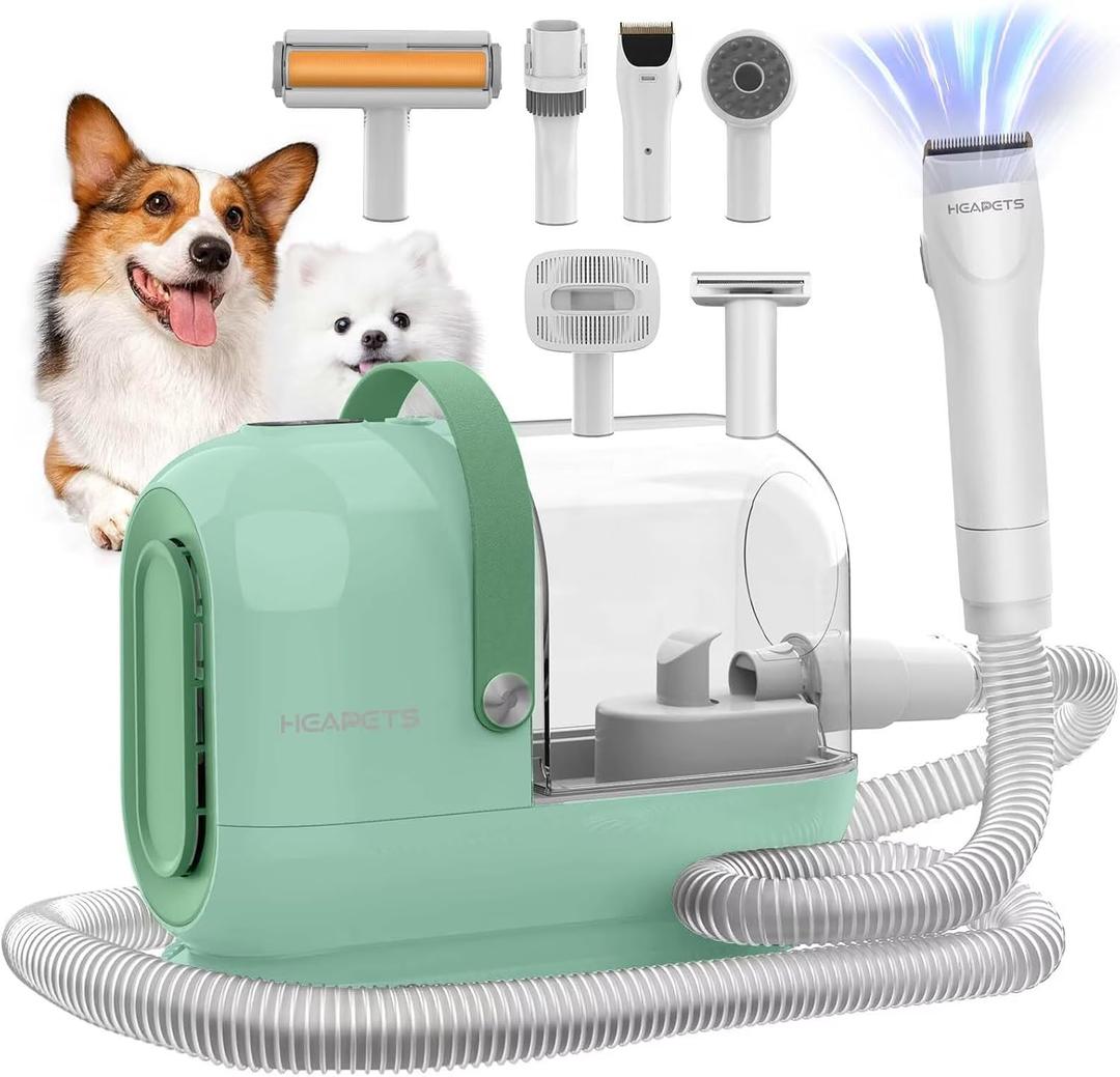 Dog Grooming Vacuum Kit - 3L Vacuum with 7 Tools, Low Noise Electric Clipper and Brush for Pet Shedding at Home, Green