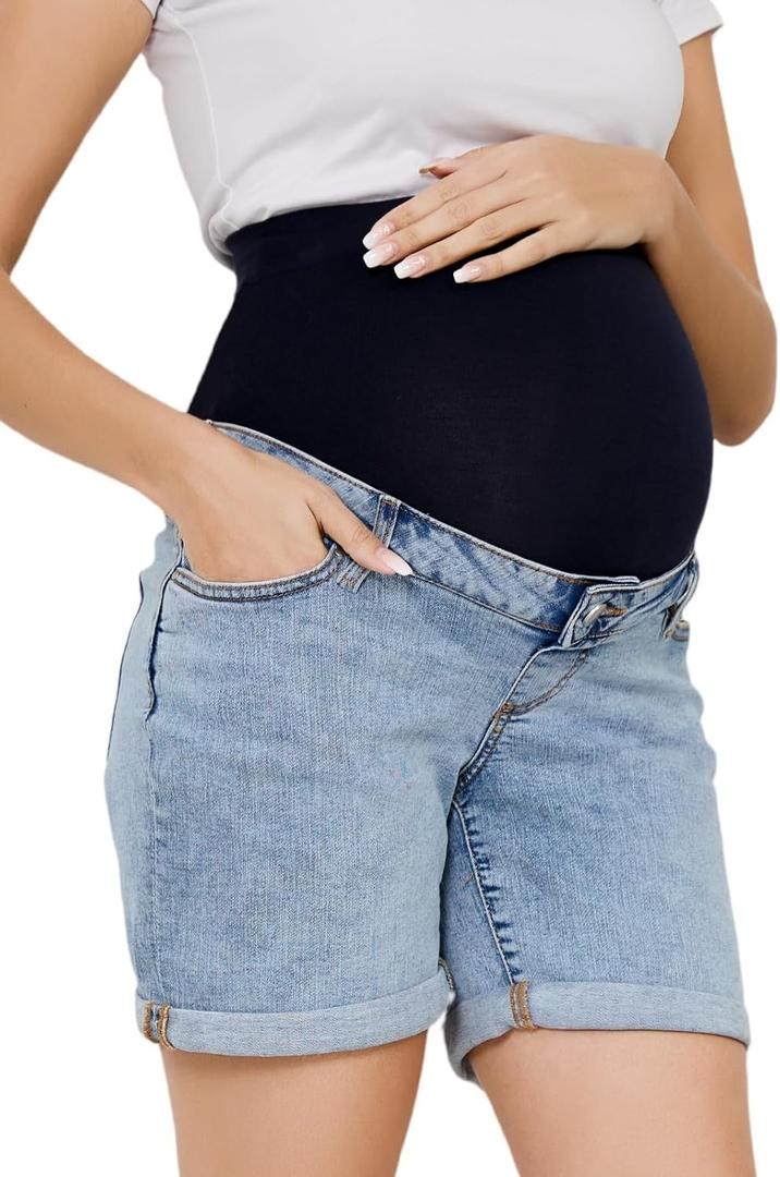 OVRUNS Women Maternity Jean Shorts Over The Belly Stretchy Comfy Rolled Cuff Pregnancy Denim Shorts with Pockets (Blue, L)