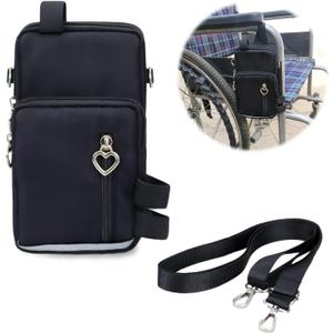 Waterproof Three Pockets Wheelchair Front/Side Frame Pouch with Reflective Strip Easy-to-use Button for Small Essentials Daily Travel, Black