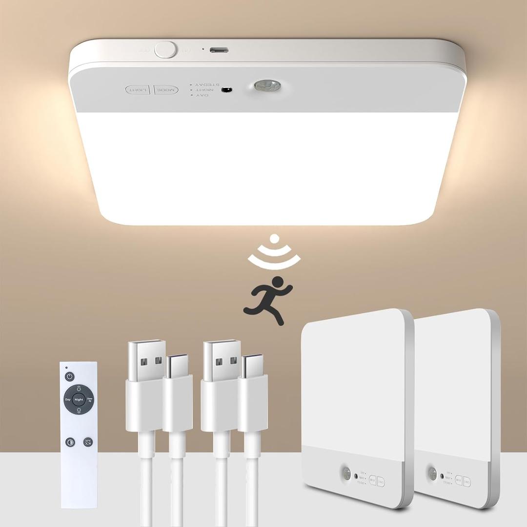 2Pack Motion Sensor Rechargeable Ceiling Light with Remote, Cordless Closet Light Battery Operated Lamp, 3 Colors Motion Activated Overhead Shower Light for Bathroom Pantry Hallway Porch Stair Patio