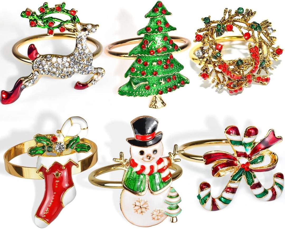 Gold Christmas Napkin Rings Set of 8, A Curated Collection of 6 Holiday Designs (Reindeer, Snowflake) - Create an Unforgettable Dinner Table, Reusable & Sturdy Metal Holders