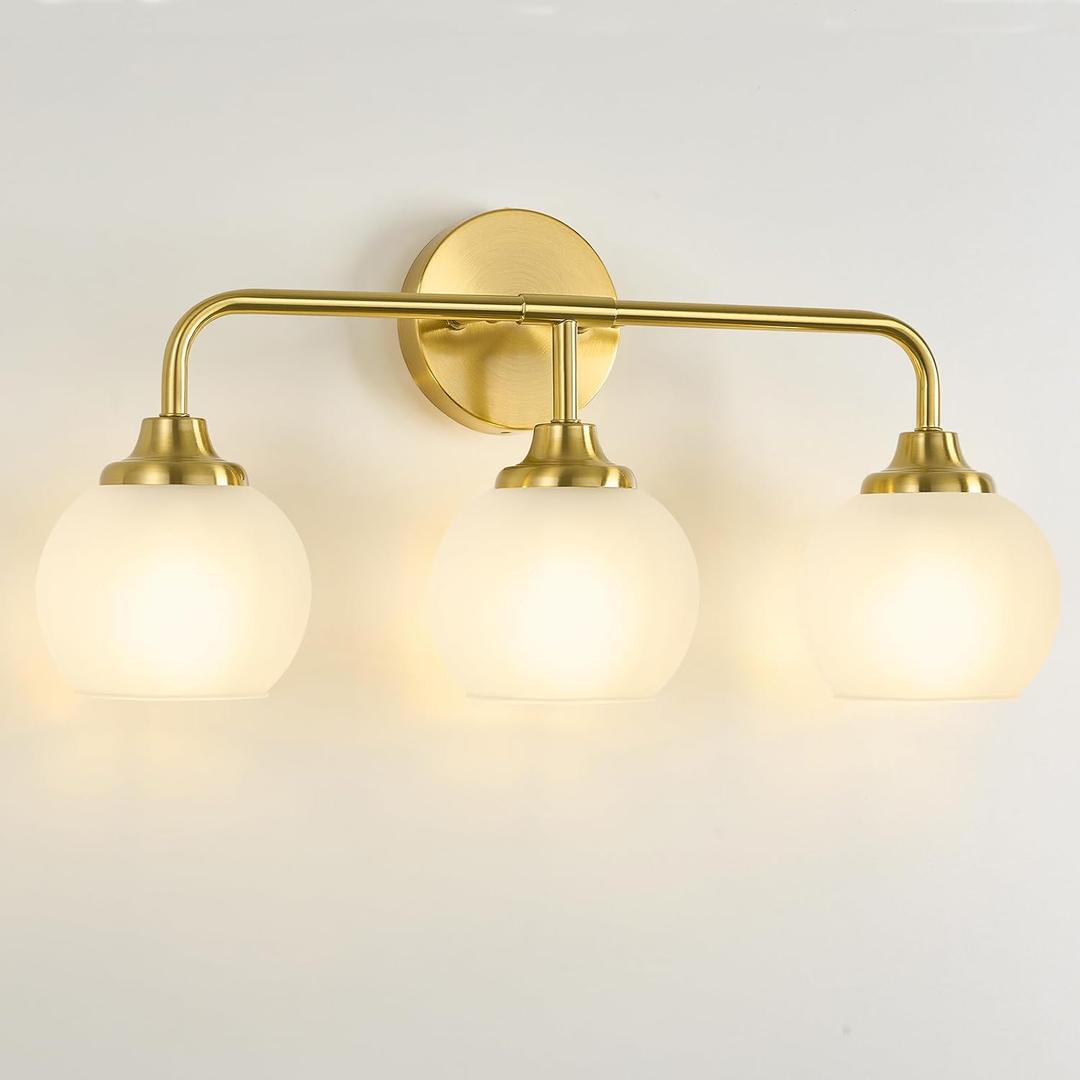 Gold Bathroom Vanity Light Fixtures, Modern Vanity Light Over Mirror, 3-Light Globe Bathroom Wall Sconces with Milky White Glass Shade for Bedroom Living Room, 22 inch