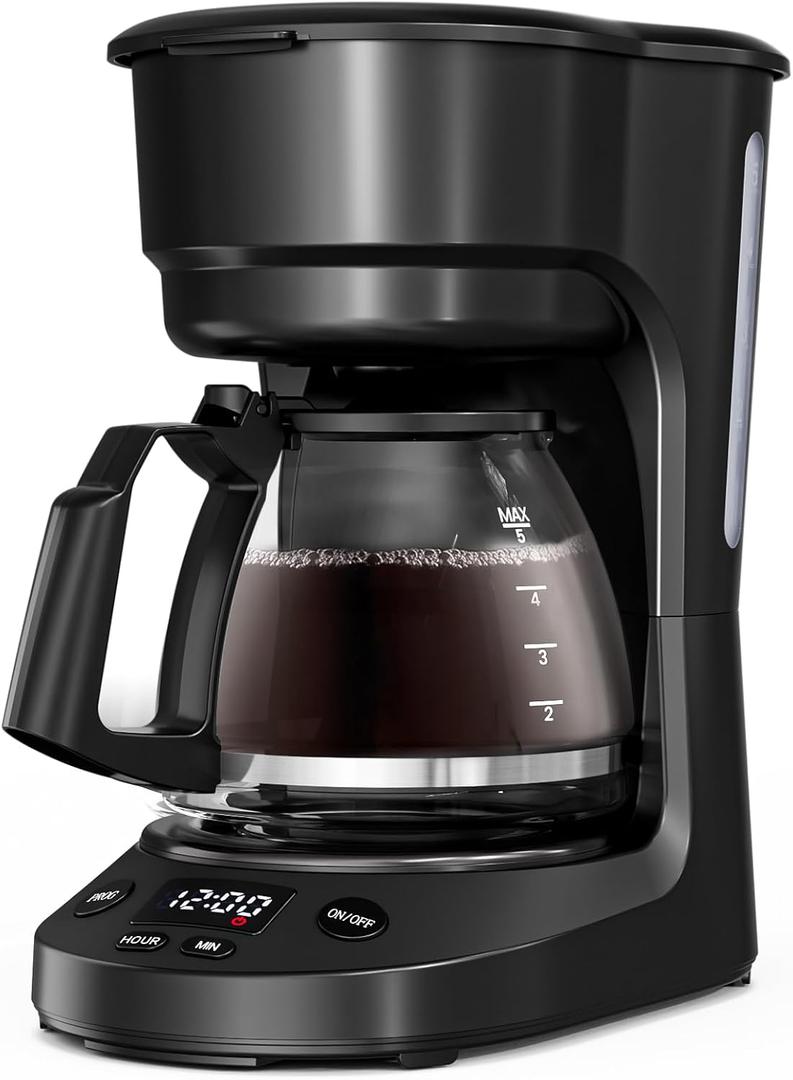 WAA 5 Cup Drip Coffee Maker, Portable Coffee Machine with Programmable Timer, Coffee Pots with Reusable Filter, Auto Shut-Off and Keep Warm Plate, Delay Brew, 25oz Water Tank, Black