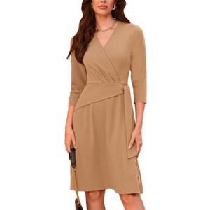 GRACE KARIN Formal Dress for Women Wedding Guest V Neck Wrap 3/ 4 Sleeve Swing Stretchy Midi Dress for Work Camel 2XL