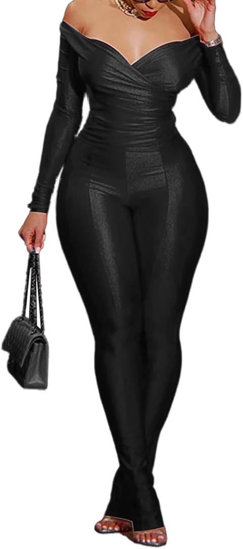 Womens Sexy 2 Piece Outfits Off Shoulder Deep V Neck Tops Slit Hem Flare Pants Sparkly Jumpsuit Set Clubwear (Black), XL