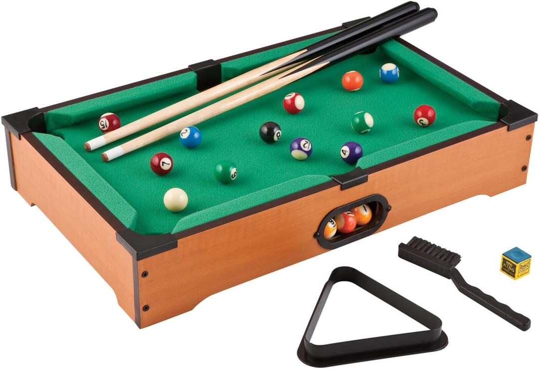 Mainstreet Classics 20 Inch Mini Tabletop Billiard Pool Set
20 Inch Mini Tabletop Pool Table With Felt Surface, Six Pockets, Ball Return, 2 Cues, Balls, Triangle, Chalk And Brush