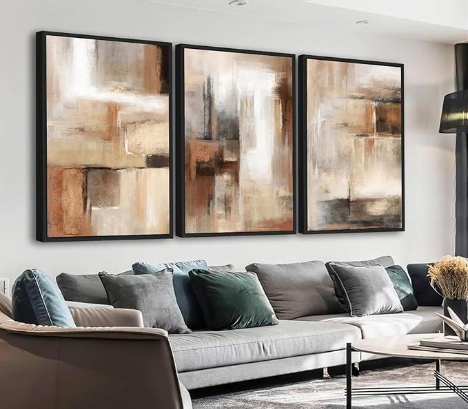 ASDCEUTICALS Large Canvas Wall Art - Brown and Beige Abstract Pictures for Living Room Vintage Wall Decor Retro Rustic Paintings Black Float Framed for Bedroom Dinning Room 24" X 36" X 3 pcs