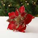 vctops 6 Pcs Poinsettia Artificial Flowers Christmas Tree Ornaments Velvet Glitter Magnolia Flowers for Xmas New Year Party Wedding Holiday DIY Decorations, Red