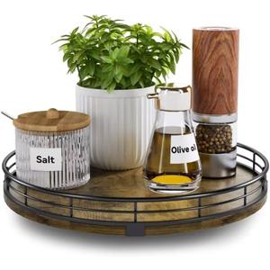 Lazy Susan Turntable Organizer for Table Top, 10 Round Wooden Lazy Susan for Cabinet Kitchen Countertop Pantry Dining Coffee Table for Condiments Spices, Rustic Bathroom Vanity Tray for Soap Candle