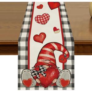 Valentines Day Gnome Buffalo Plaid Table Runner 13x72 Inch Kitchen Dining Anniversary Wedding Table Decor for Indoor Outdoor Farmhouse Home Party Decoration ZQ163