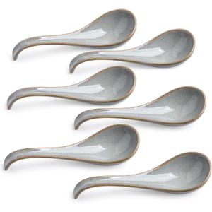 LYEOBOH Ceramic Asian Soup Spoons Set of 6 with Long Handle for Kitchen, Restaurant, Japanese Ramen Spoons with Deep Hook Design, Dishwasher & Microwave Safe, Gray