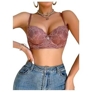 SweatyRocks Women's Floral Lace Bow Bra Spaghetti Strap Underwired Push Up Balconette. Coffee Brown 80C