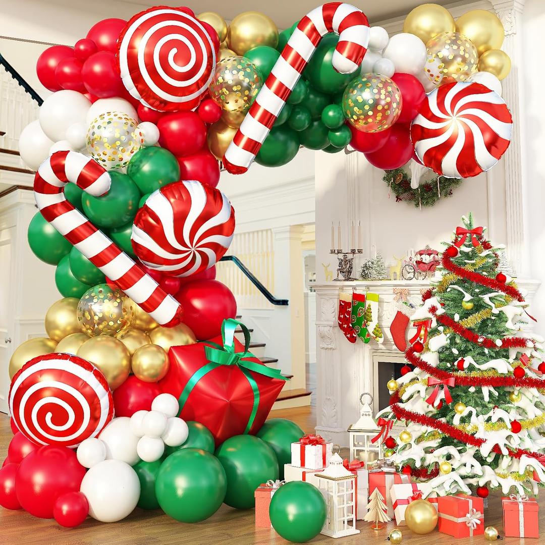 139PCS Christmas Balloon Garland Kit, Red Dark Green White and Metallic Gold Xmas Balloon Arch Set with Candy Cane Gift Box Foil Balloons for New Year Decor Holiday Birthday Party Decorations Supplies
