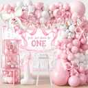 Pink Bow 1st Birthday Decorations, First Birthday Party Supplies for Girl, Pink White Balloon Arch Balloon Box Girls Just Wanna Be One Backdrop High Chair Banner 1st Birthday Hat