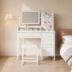 YeTom Vanity Desk with Mirror, 4 Fabric Drawers, LED Lights, Bedroom, White | 3-color LED, Cushioned Stool, 4 Fabric Drawers, Storage Open Shelves, White, 34.3in 