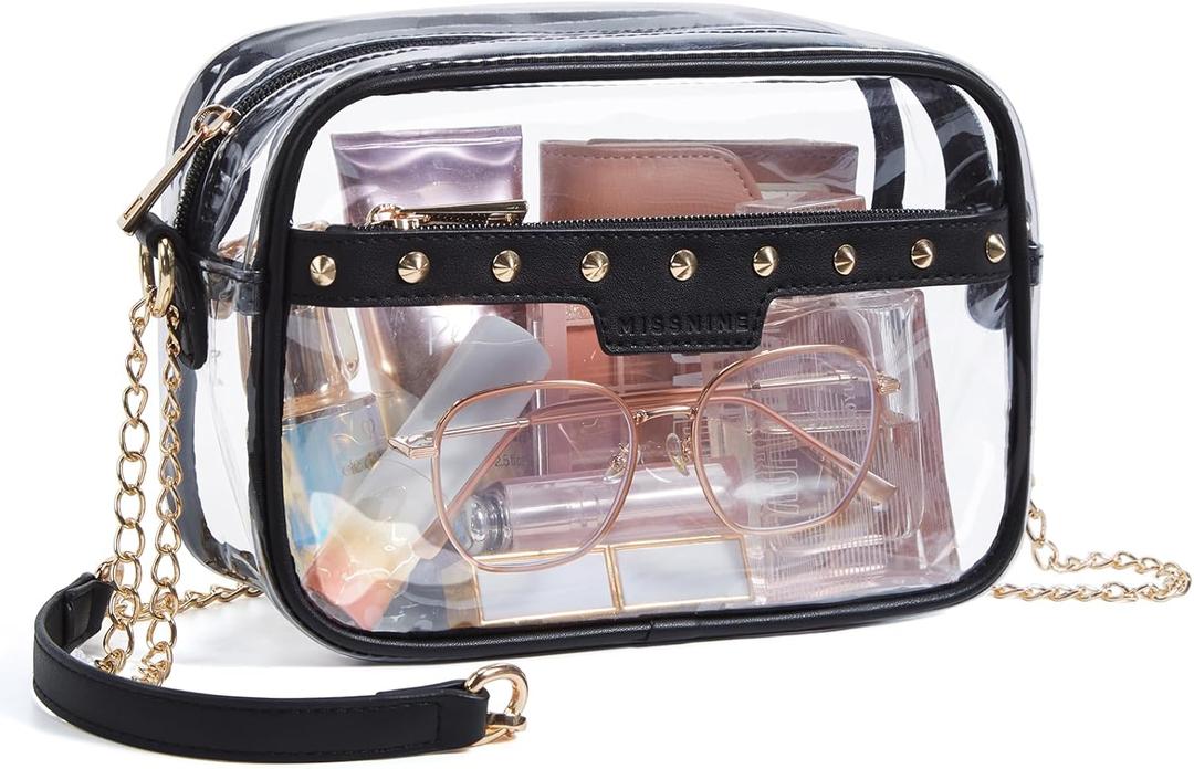Missnine Clear Bag for Stadium Events Quilted Clear Purse for Women Stadium Approved PVC Crossbody Concert Bag (Studs Chain Blac)