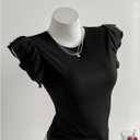 SweatyRocks Women's Ruffle Cap Sleeve T Shirts Bow Tie Back Crew Neck Slim Fitted Tops (Black, S)