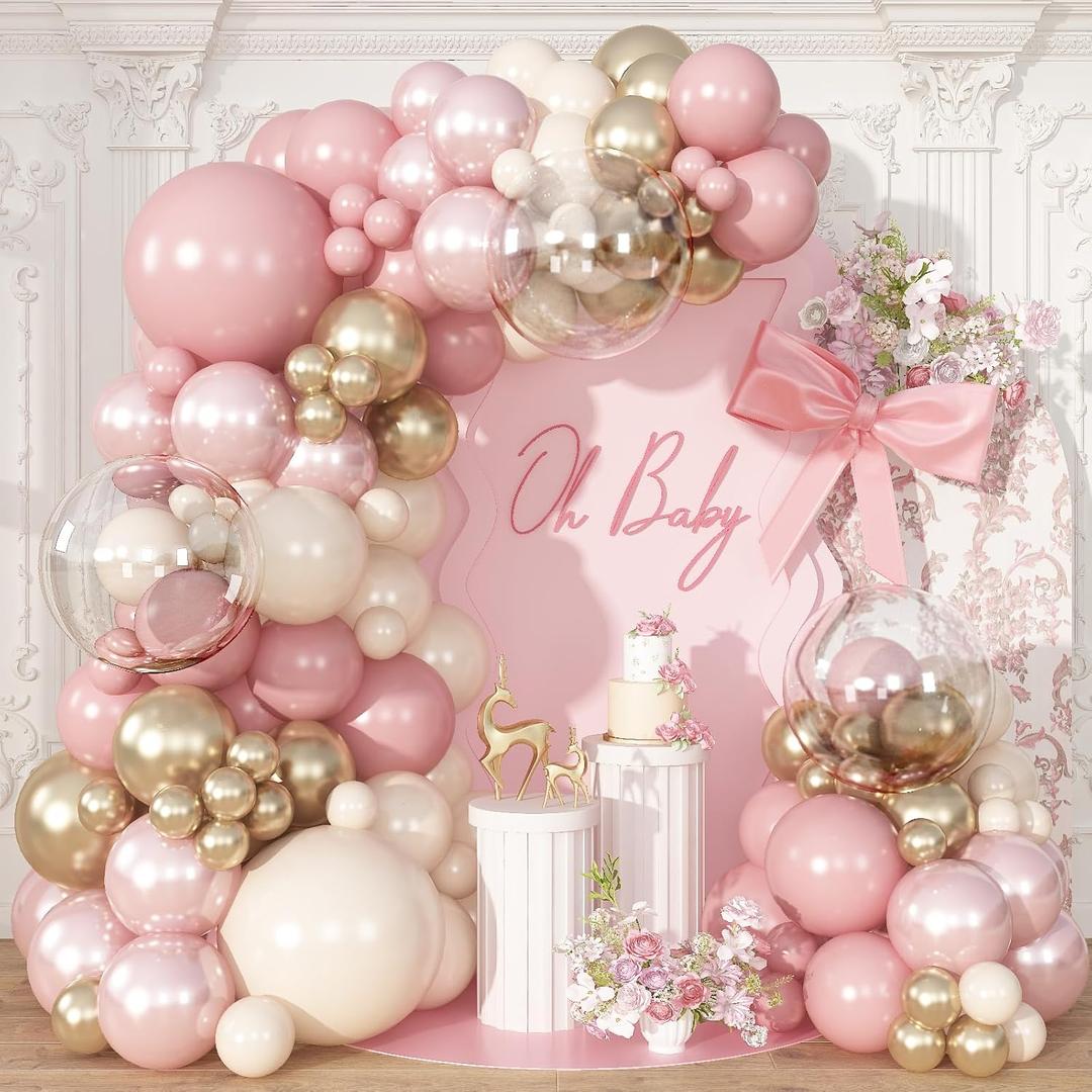 Dusty Pink Balloon Garland Arch Kit, Double Stuffed Pearl Pink White and Gold Balloon Large Clear Balloons for Girls Baby Shower Bridal Shower Wedding Birthday Party Decorations