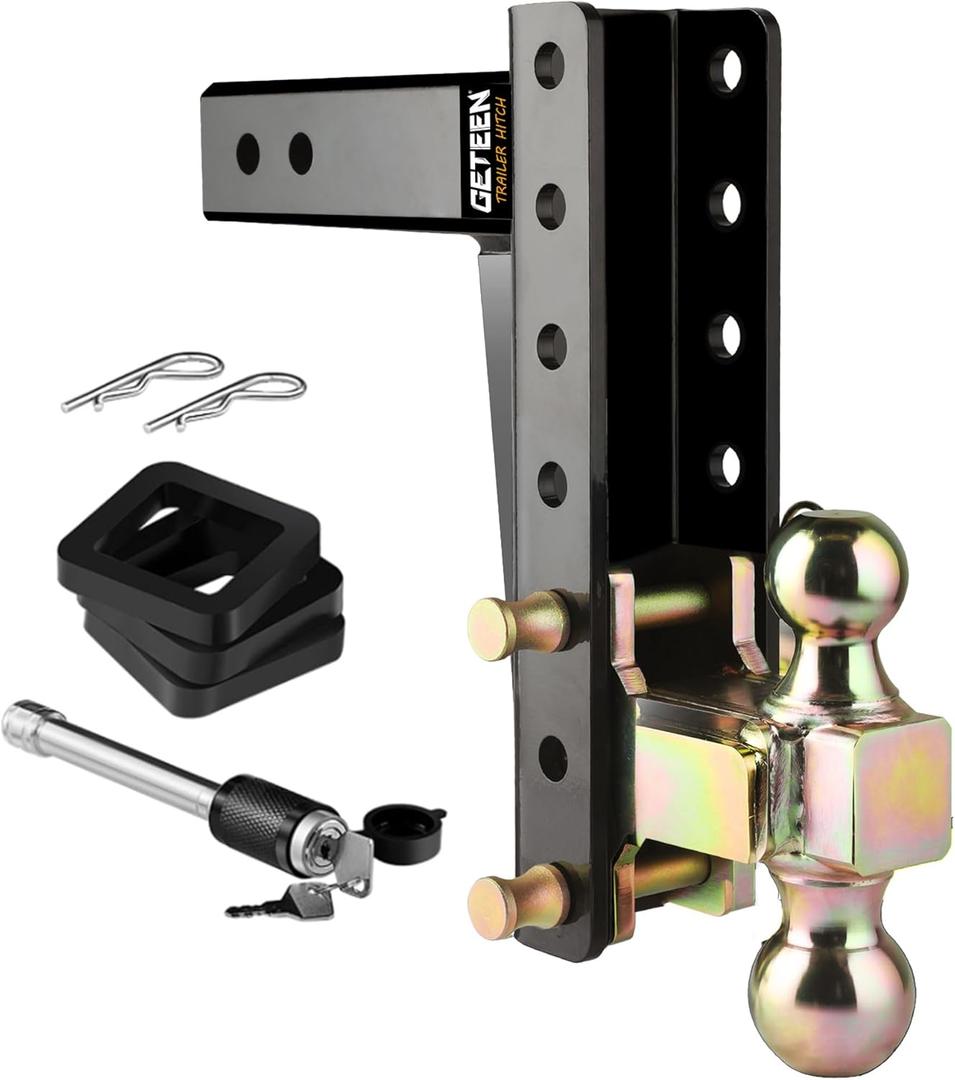 Adjustable Trailer Hitch, Fits 2.5 Inch Receiver, 8 Inch Drop Hitch, Dual-Ball(2'', 2-5/16''), 18,500 LBS GTW, Heavy Duty Trailer Hitch for Truck, Gold (Zine,8 " drop,2.5" Receiver)