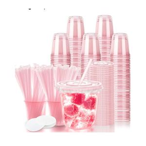 12oz Disposable Stemless Glasses with Flat Lids and Straws,PET Disposable Drinking Cups,Clear Plastic Wine Glasses for Parties Birthday,Wedding,Meeting,Christmas Party Supplies. (100, Pink)
