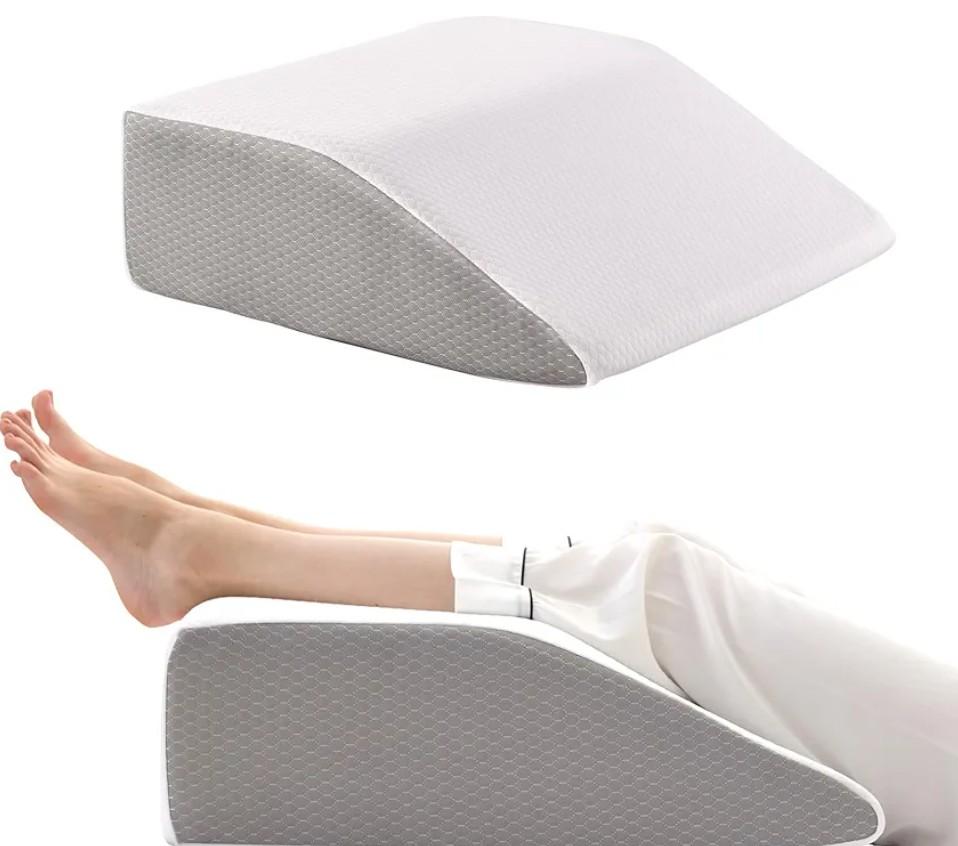 Bedluxe Leg Pillow Elevation Blood Circulation, Wedge Pillow for Legs Swelling, Leg Elevating Wedge Pillow for After Surgery, Foot Knee Pillow for Leg Rest, Sleeping, Memory Foam Top, 8in, White/Grey