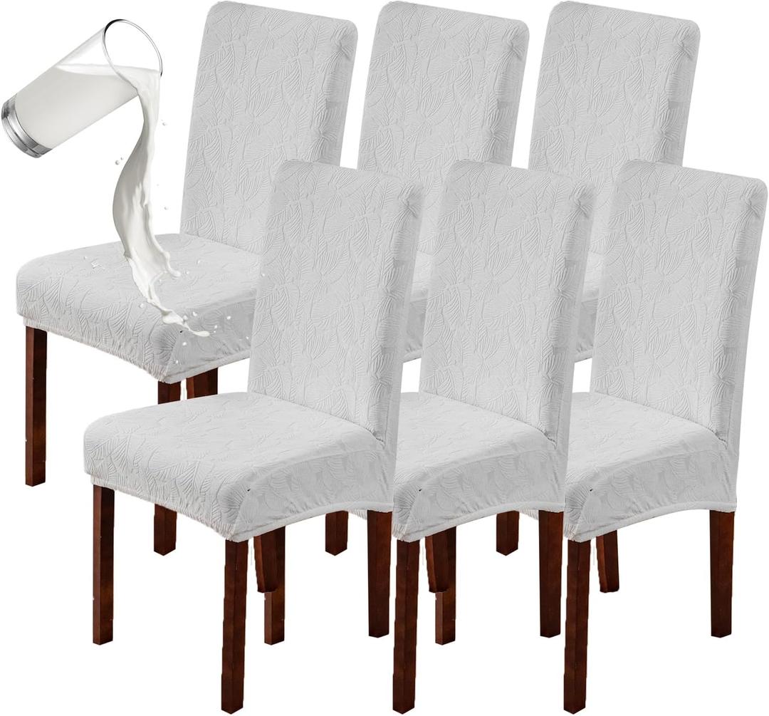 Genina 100% Waterproof Dining Room Chair Covers Set of 6 Stretch Kitchen Chair Covers Parsons Chair Slipcovers for Dining Room Chair Protector Cover, Removable, Washable (Leaf Pattern-Cream) (Regular-6 Pack)