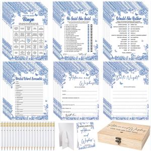Silipull Bridal Shower Games Set for 50 Guests Includes Bingo, He Said She Said, Scramble, Would She Rather, Advice and Wishes Wedding Games Double Sided with Wooden Box, 20 Pencils(Blue Floral)