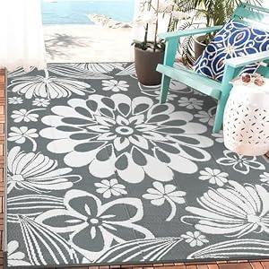 Ileading Outdoor Plastic Straw Rug 5x8ft Funny Floral Style Reversible Patio Area Rugs Waterproof Non Shedding Portable Carpets for Rv Outside Deck Pool Beach Picnic Camping (Grey)