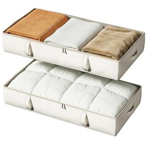 Vailando Side-Supported Under Bed Storage Containers, 6 Inches Tall 60L Underbed Storage Bins with Sturdy Handles and Sidewalls, Closet Organizer for Clothes, Blankets, Seasonal Items, Beige, 2-Pack