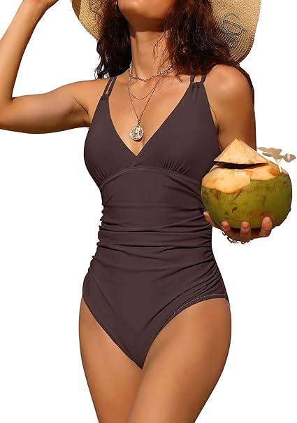 Charmo Tummy Control One Piece Swimsuits for Women Ruched Bathing Suits Strappy V Neck Monokini (Medium, #1a Black)