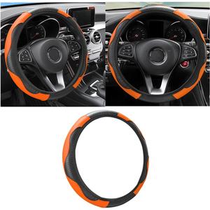 Car Steering Wheel Cover, 15 inch Carbon Fiber Microfiber PU Leather Elastic Steering Wheel Protector for Men Women, Anti-Slip Breathable Car Interior Accessories for Most Cars (Black/Orange)