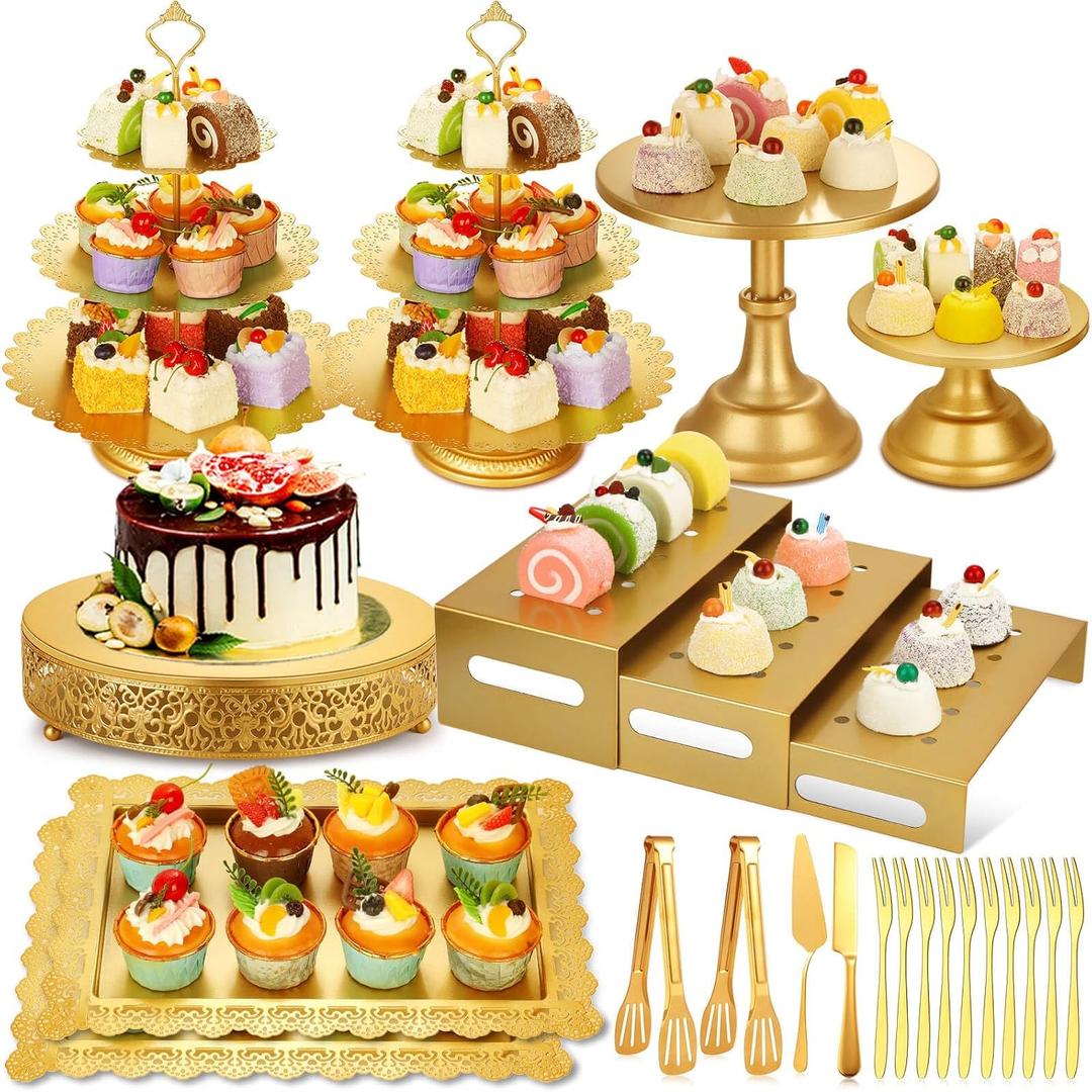 Audab Metal Gold Dessert Table Display Set Including Cake Stands, Cupcake Tower Stand, Dessert Tray, Risers Stands, Cake Cutting Set and Serving Tongs for Wedding, Birthday Party Decor