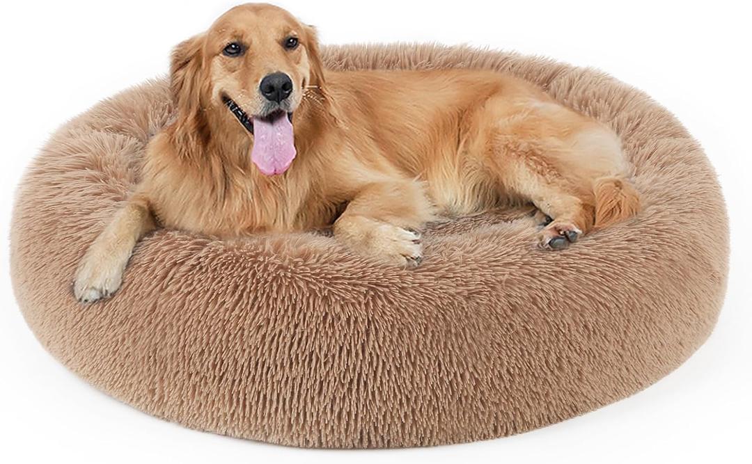 Dog Bed, Cat Calming Bed, Faux Fur Pillow Pet Donut Cuddler Round Plush Bed for Large Medium Small Dogs and Cats 36.0"L x 36.0"W x 7.0"Th