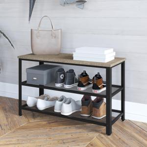 HBCY Creations Weathered Wood Solid Pine Wood 3-Tier Entryway Shoe Rack Bench with Metal Mesh Shelves, for Entryway, Mudroom, or Bedroom, and More!