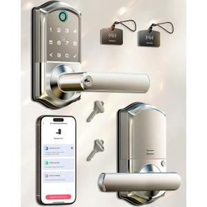Veise VE019 Fingerprint Smart Lever Lock - APP Control, Keypad Door Lock with Handle, Keyless Entry for Front Door and Bedroom, Electronic Digital Knob, Remote Grant, IP55 Weatherproof, Satin Nickel