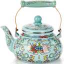 2.6 Quart Floral Enamel Tea Kettle, Vintage Enameled Teapot Stovetop, Enamel on Steel Water Coffee Tea Pot with Ceramic Handle, Colorful Hot Water Kettle for Home Kitchen Decor, No Whistling