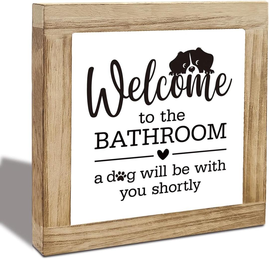 3 x Funny Dog Bathroom Decor - Rustic Wooden Box Sign for Bathroom Shelf, Vintage Decorative Accessory, Freestanding Tabletop Restroom Sign, Welcome to the Bathroom A Dog Will Be with You Shortly (Style 01)