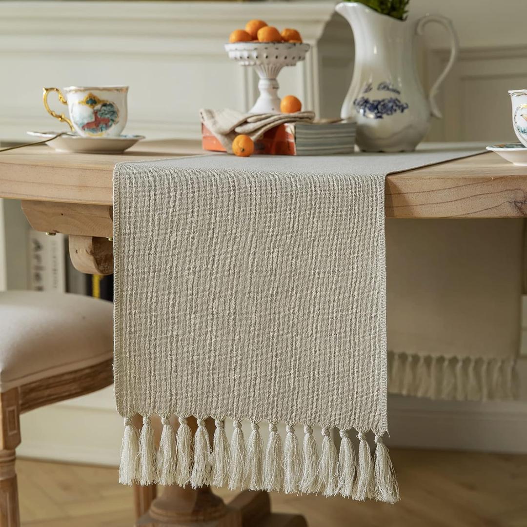 ZeeMart Natural Table Runners 60 Inches Long, Burlap Linen Style Rustic Farmhouse Table Runner, Boho Woven Dining Table Runner, 13x60 Inches, Natural