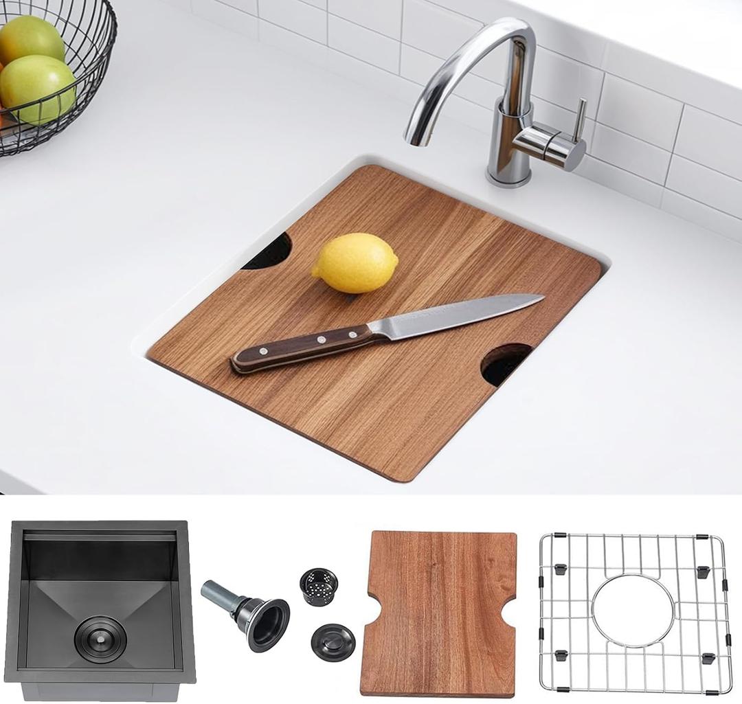 KINGO HOME Black Undermount Bar Sink, 15x15 Inch Stainless Steel Small Workstation RV Sinks 16 Gauge Ledge Kitchen Gunmetal Black Single Bowl Kitchen Wet Bar Prep Sink with Accessories