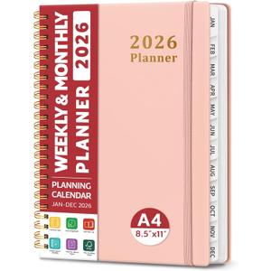 2026 Planner, Weekly and Monthly Calendar Planner, January 2026 - December 2026, Hardcover 2026 Calendar Book with Tabs For Women & Men, Inner Pocket, Spiral Bound, Perfect for Office Home School Supplies - A4 (8.5" x 11"), Pink