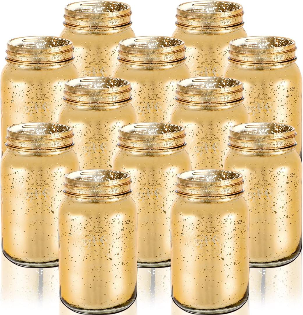 12 Pcs Decorative Mason Jars 16oz Painted Wide Mason Jars for Table Centerpiece DIY Home Decoration Birthday Housewarming Party Wedding Favor(Gold)