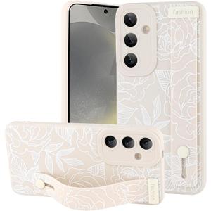 OOK Compatible with Samsung Galaxy S24 Plus Flower Case with Wrist Strap, White Flowers Floral Silicone Shockproof Protection Slim TPU Cover with Camera Protection for Women Girls