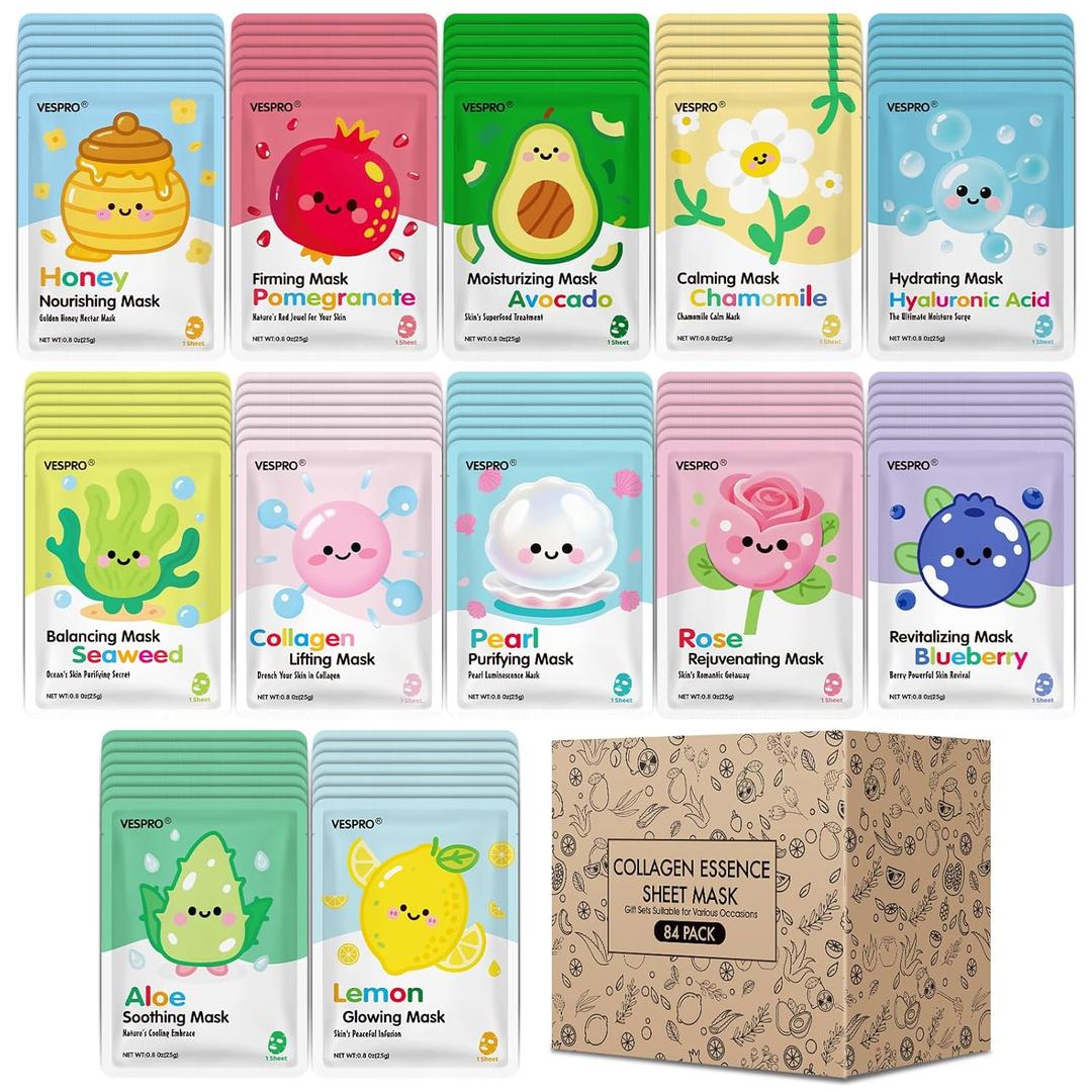 84 Pack Bulk Sheet Face Masks Skin Care, Hydrating and Moisturizing Collagen Facial Masks for All Skin Tybe, Spa Party for Women, Birtyday Gifts, Skincare Gifts Kit for Teen Girls (12 Types x 7 Pcs)