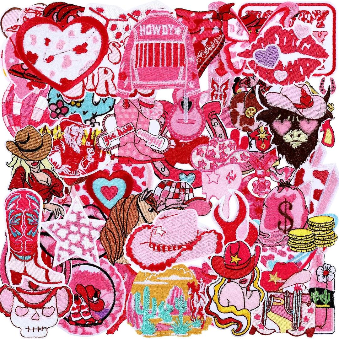 Tigeen 48 Pcs Western Cowgirl Iron on Patches Pink Girl Hat Sewing Patches Embroidery Applique Patch DIY Accessories for Trucker Hats,Jackets,Backpack,Clothing, Jeans DIY Emblem Accessory