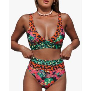 Hilinker Women's Leopard Bikini Swimsuits V Neck High Waisted 2 Piece Bathing Suits, Size: M