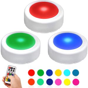 Novelty Place LED Puck Lights with Remote Control - Dimmable Under Cabinet Closet Lighting - Battery Operated Tap Lights - 12 Preset RGB Color Changing Adhesive Sticky Night Light with Timer (3 Pack)